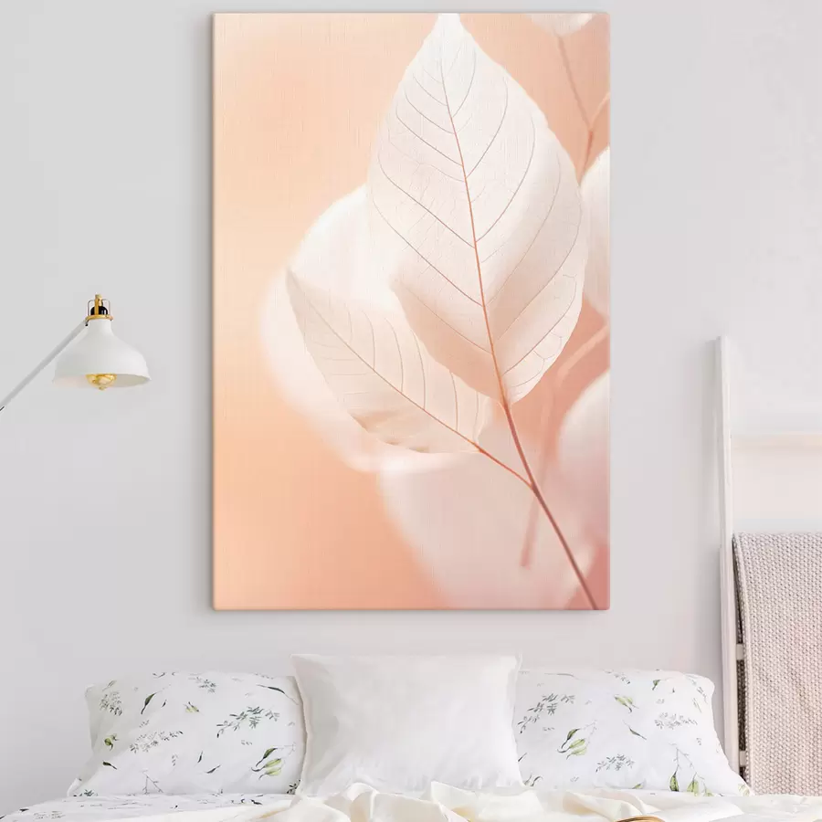 murales de pared Delicadas hojas translúcidas con intrincados dibujos de venas, fondo melocotón suave, composición botánica minimalista s45555