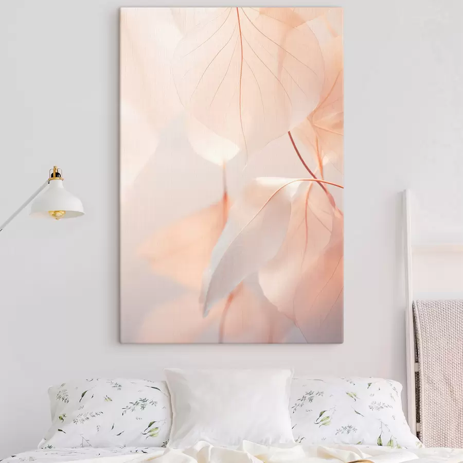 murales de pared Primer plano de hojas translúcidas con delicadas venas, suave paleta de colores melocotón y blanco, fondo difuminado s45556