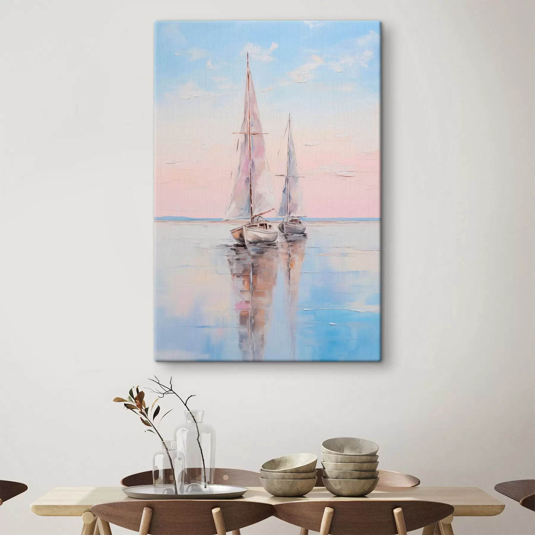 murales de pared Veleros con velas rosas flotando en un mar en calma, reflejos de los barcos en el agua, suaves colores pastel s45558