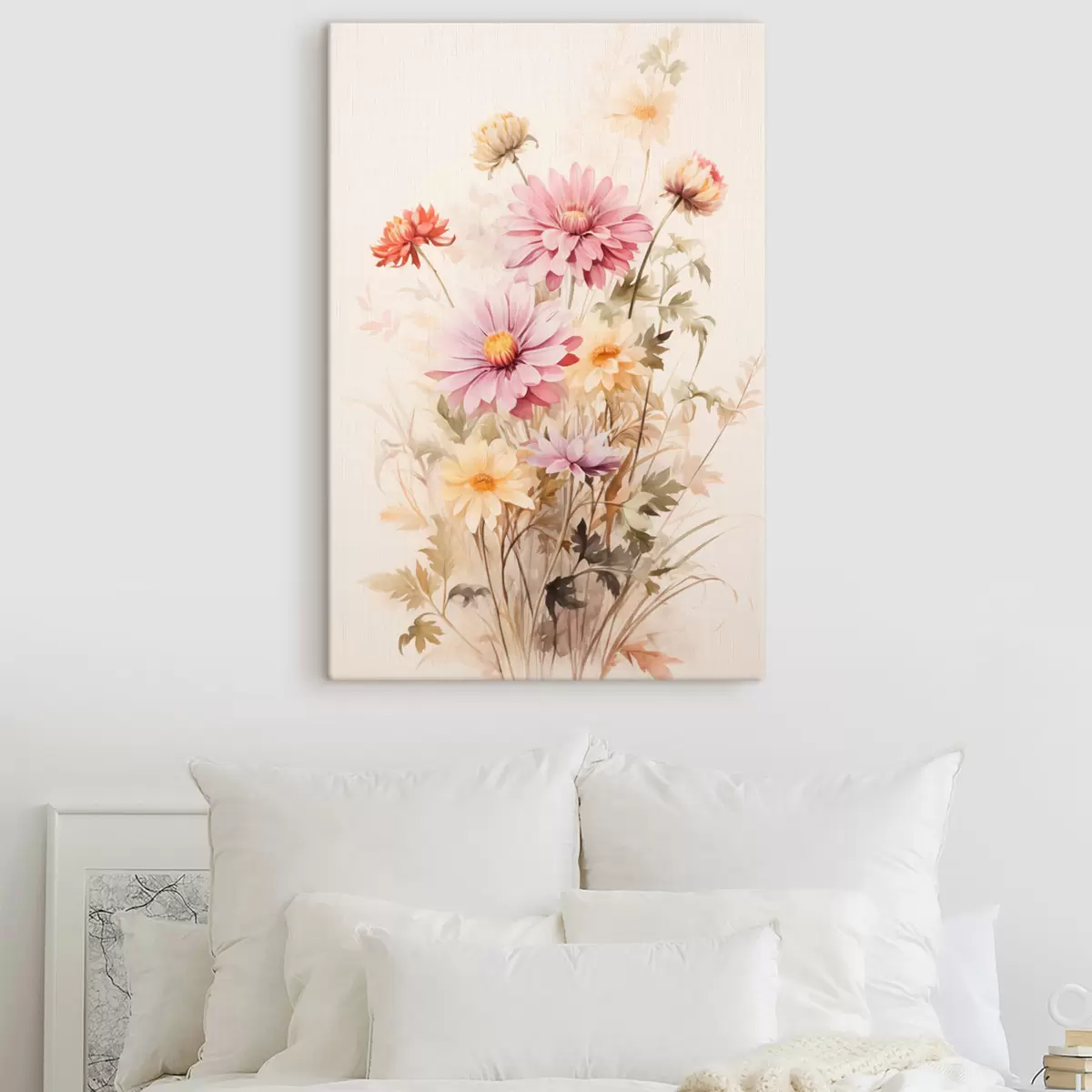 murales de pared Un ramo de flores de colores, estilo acuarela suave, sobre un fondo claro, ilustración botánica  s45560