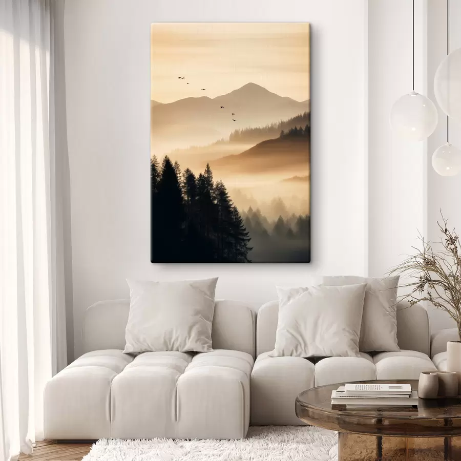 murales de pared Un paisaje montañoso con un bosque y pájaros volando en el cielo , todo cubierto por una espesa capa de niebla durante el amanecer s45563