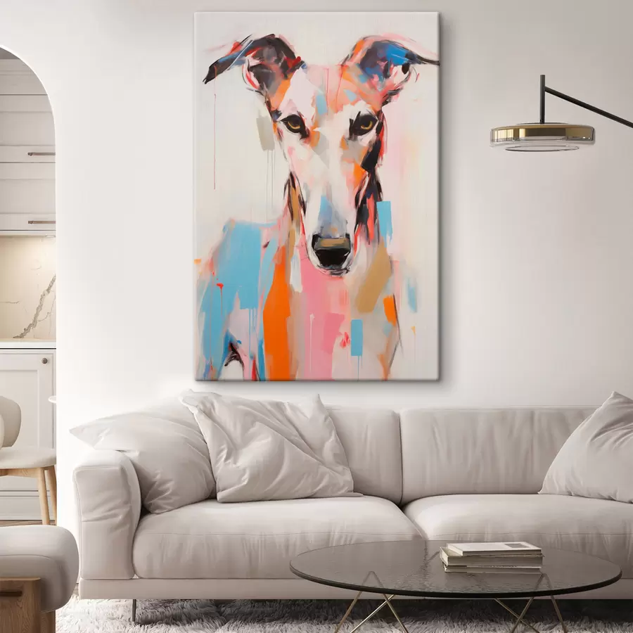 murales de pared Un perro galgo, pintado con colores vibrantes como el naranja, el rosa y el azul, sobre un fondo blanco liso s45565