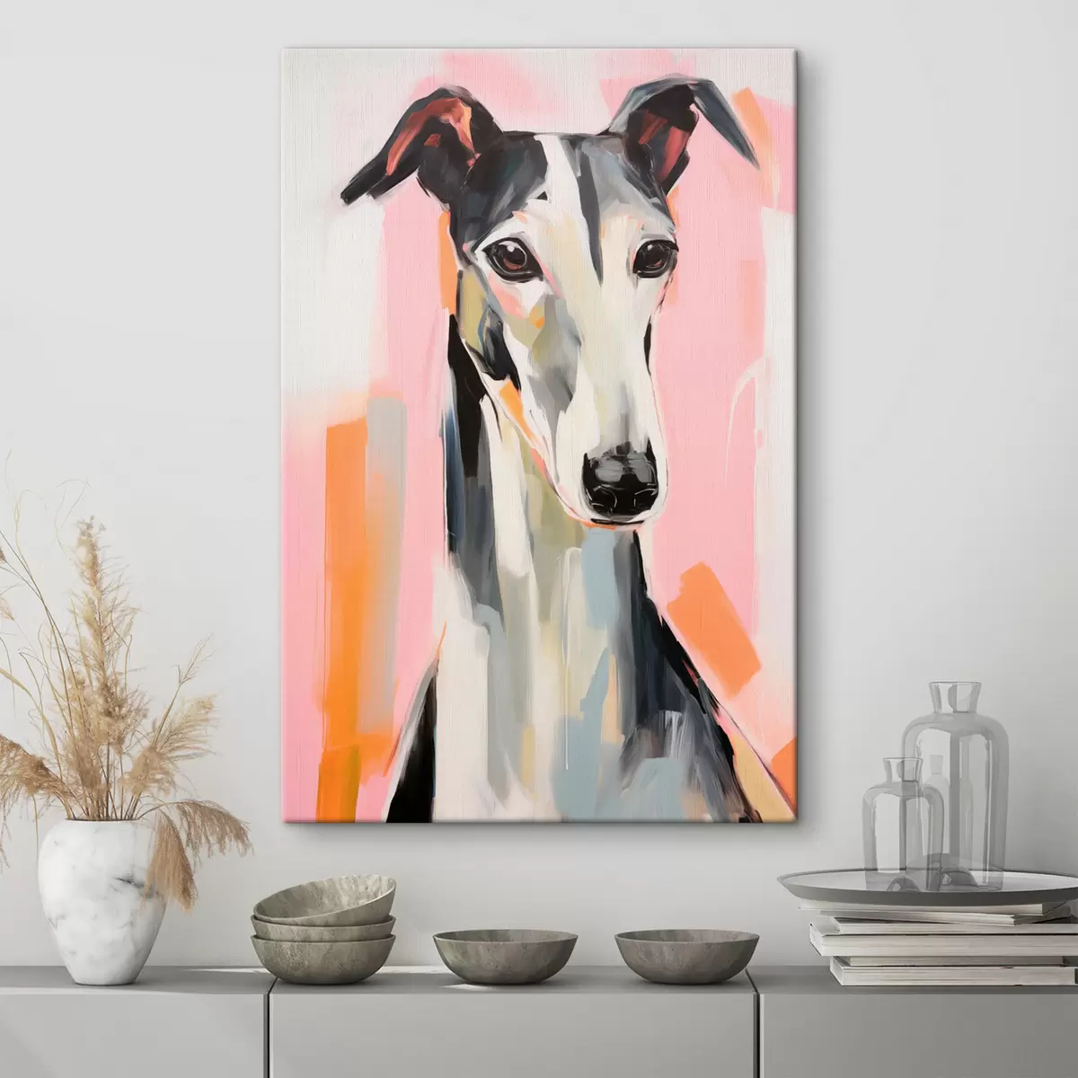 murales de pared Un galgo sobre un fondo de pinceladas rosas, naranjas y blancas s45566