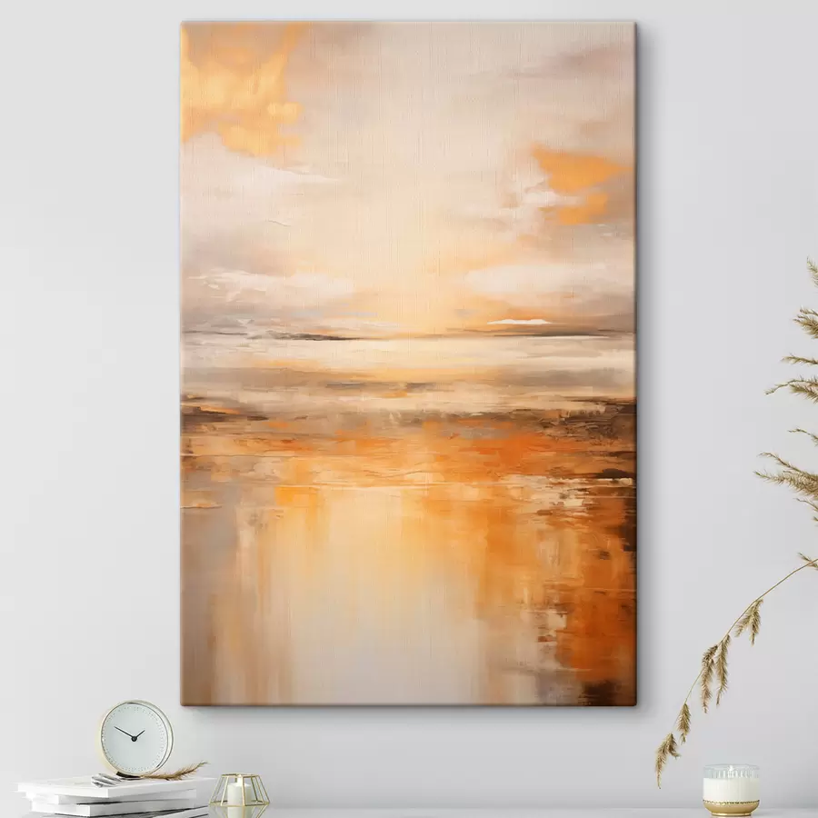 murales de pared Una pintura abstracta de un paisaje de playa con un océano tranquilo , arena naranja y un cielo nublado con sol s45567