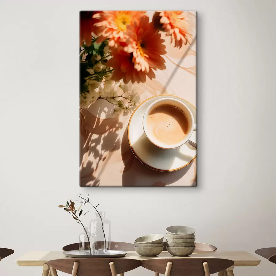 murales de pared Una taza de café con espuma en un plato blanco, unas flores al fondo, con luz solar s45570