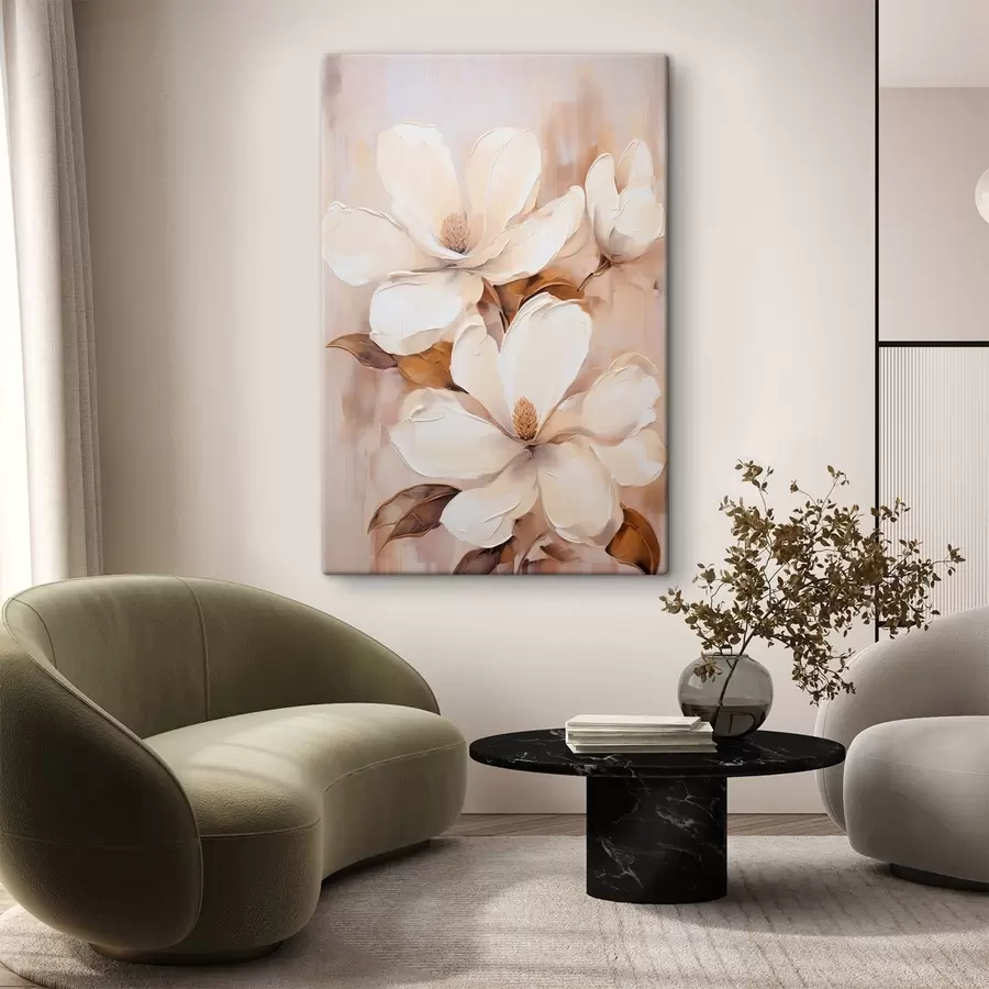 murales de pared Flores blancas de magnolia sobre un fondo suave y difuminado de tonos beige y marrones, estilo pintura s45572