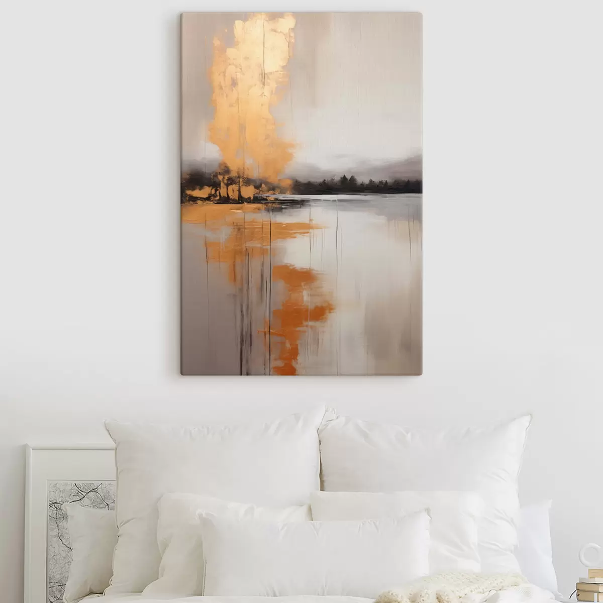 murales de pared Un paisaje abstracto con un lago, un árbol y niebla amarilla , el agua se refleja y el cielo nublado s45575