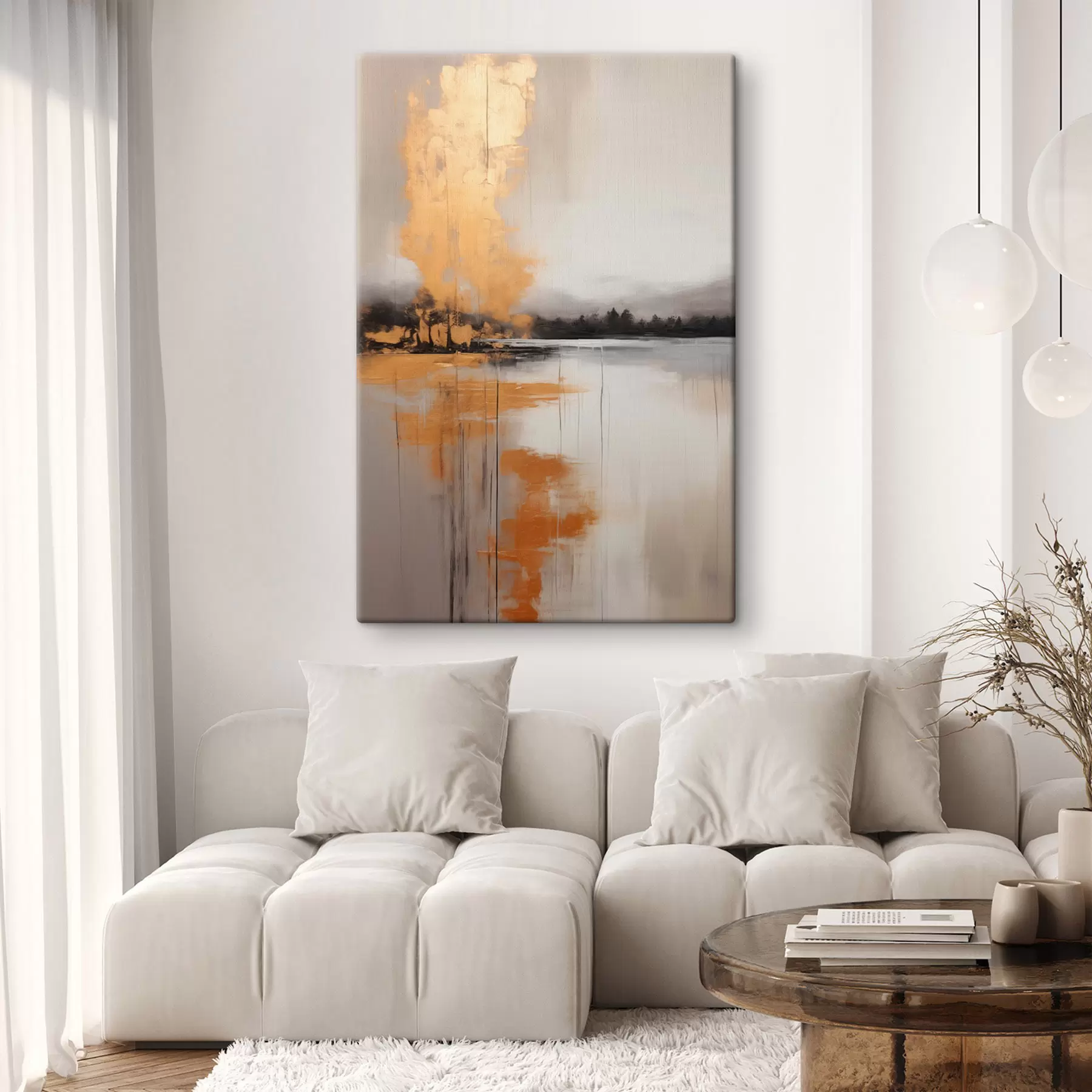 murales de pared Un paisaje abstracto con un lago, un árbol y niebla amarilla , el agua se refleja y el cielo nublado s45575