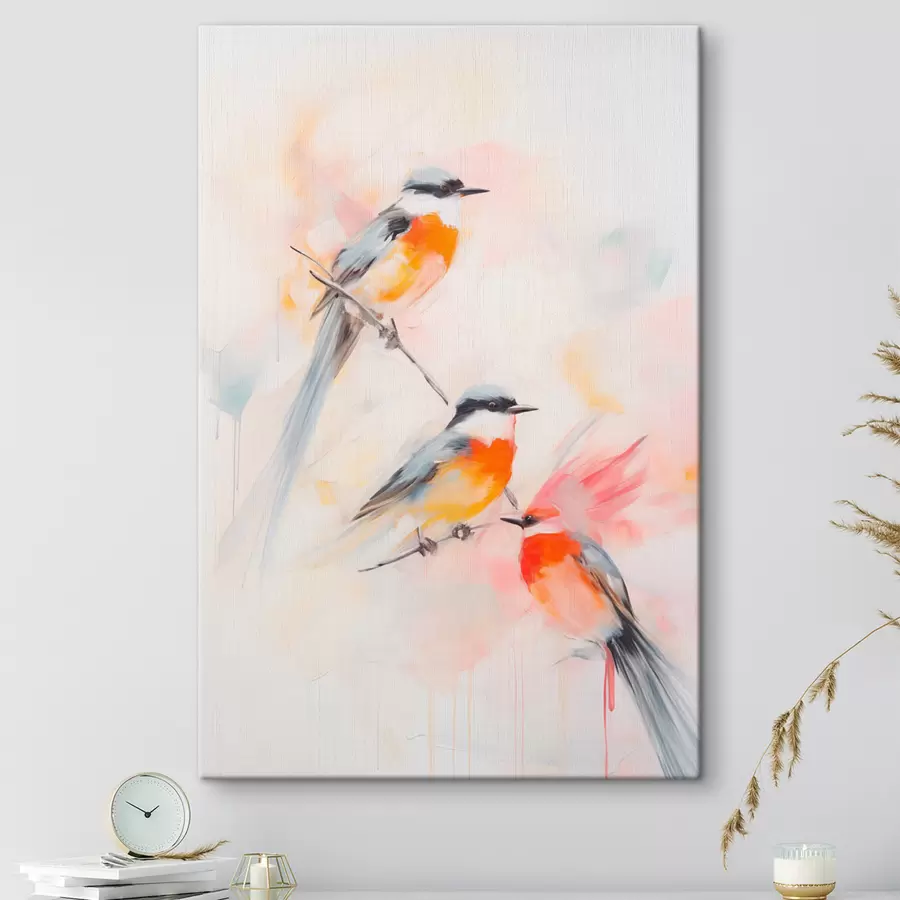 murales de pared Pájaros posados en ramas , suaves colores pastel, fondo claro con tonos rosas y blancos s45577