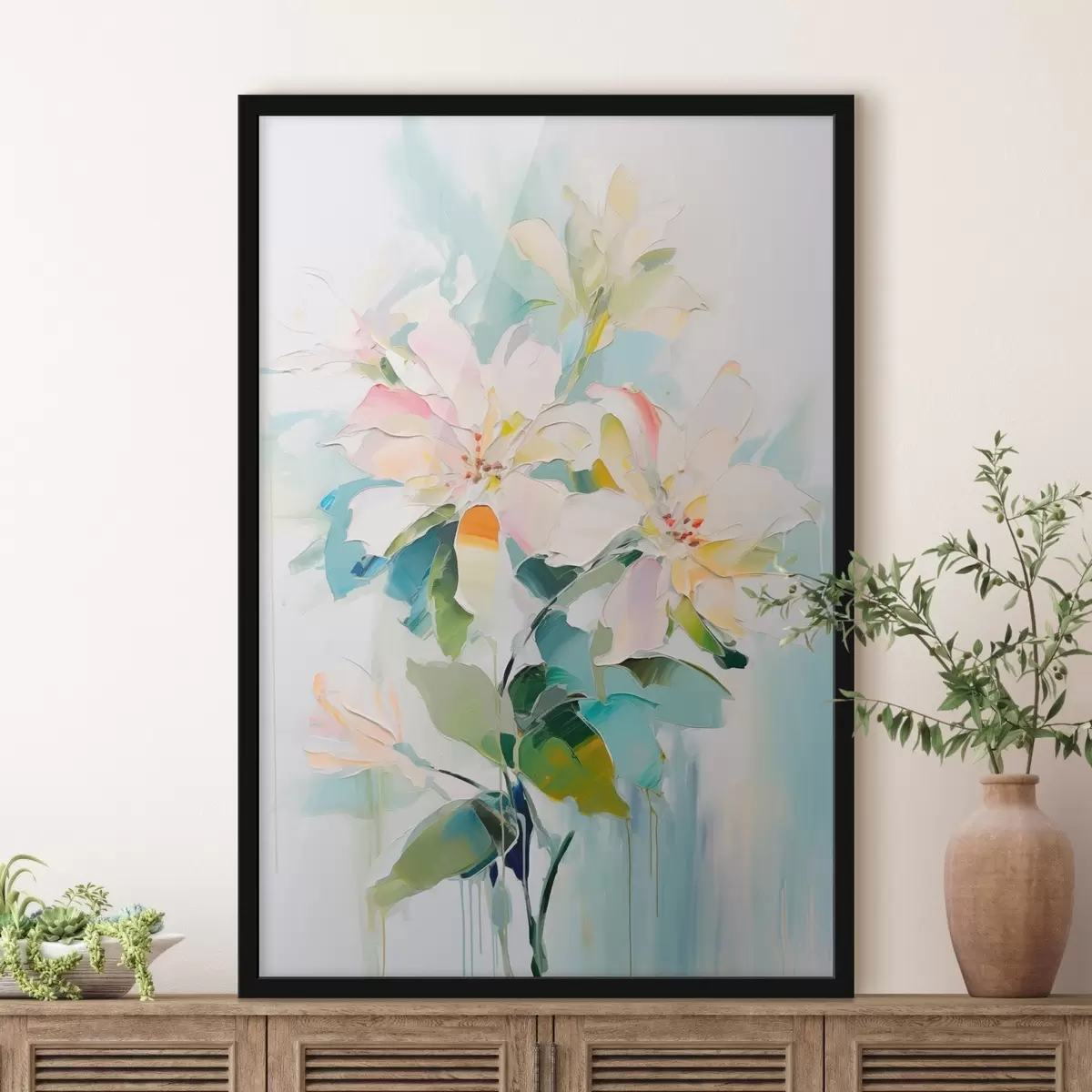 Poster Flores con acentos de color, hojas verdes, pinceladas suaves imitación pintura al óleo, fondo azul claro f45549