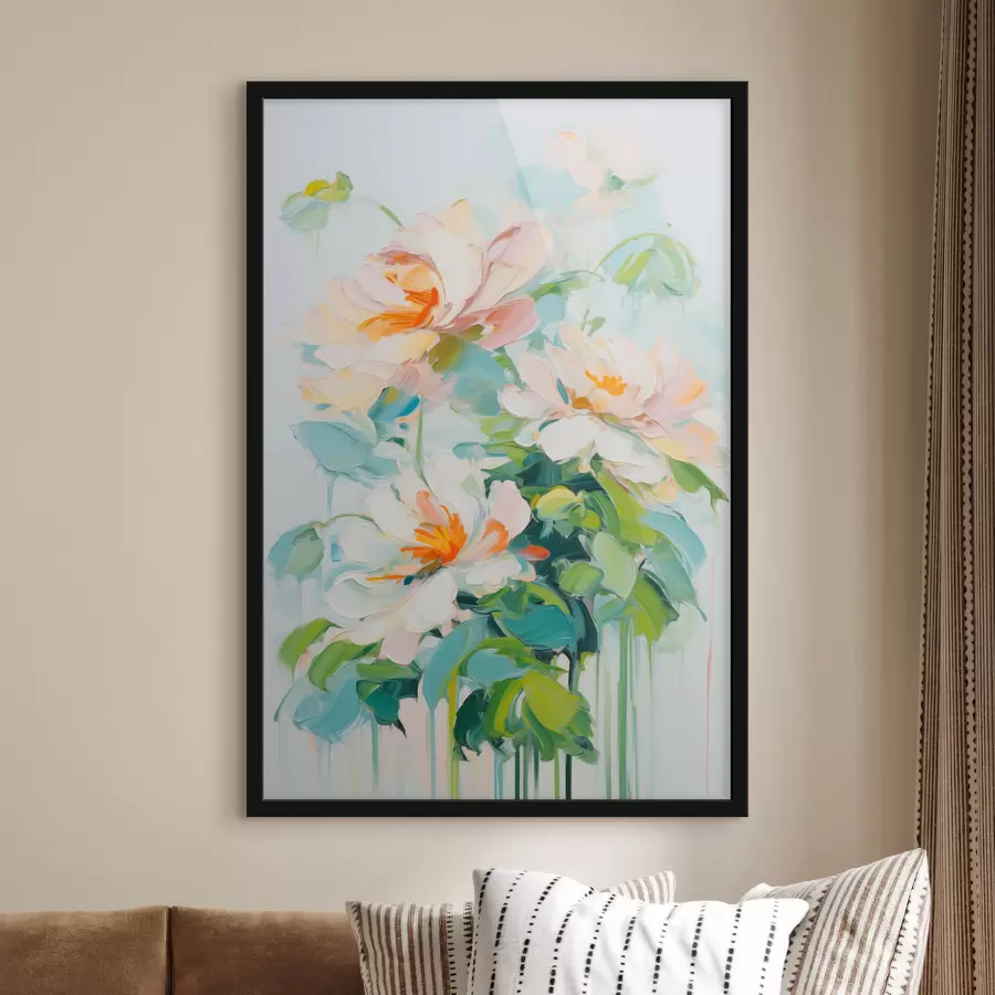 murales de pared Flores blancas y pastel melocotón, hojas verdes, pinceladas suaves imitación pintura al óleo, fondo azul claro f45550