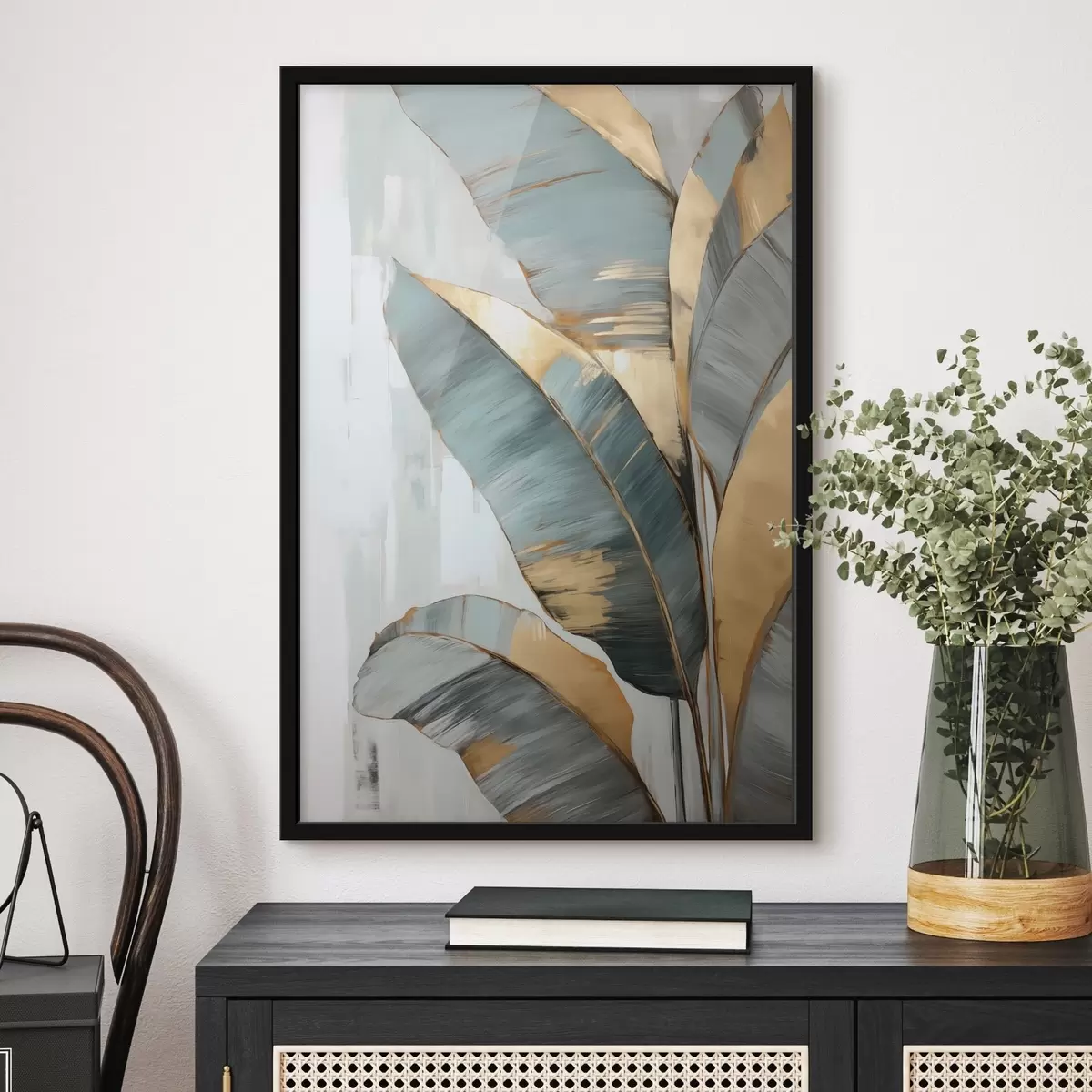 Poster Conjunto de hojas de plátano azules, grises y amarillas con pinceladas visibles, sobre un fondo blanco abstracto f45551