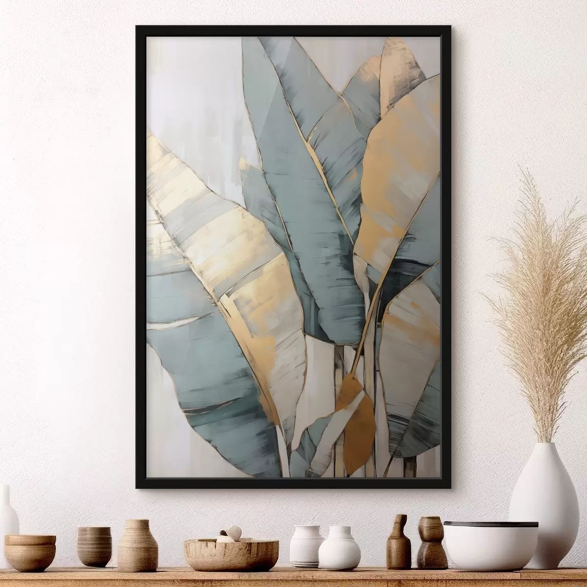 Poster Hojas de plátano azules, grises y amarillas con pinceladas visibles, sobre un fondo blanco abstracto f45552