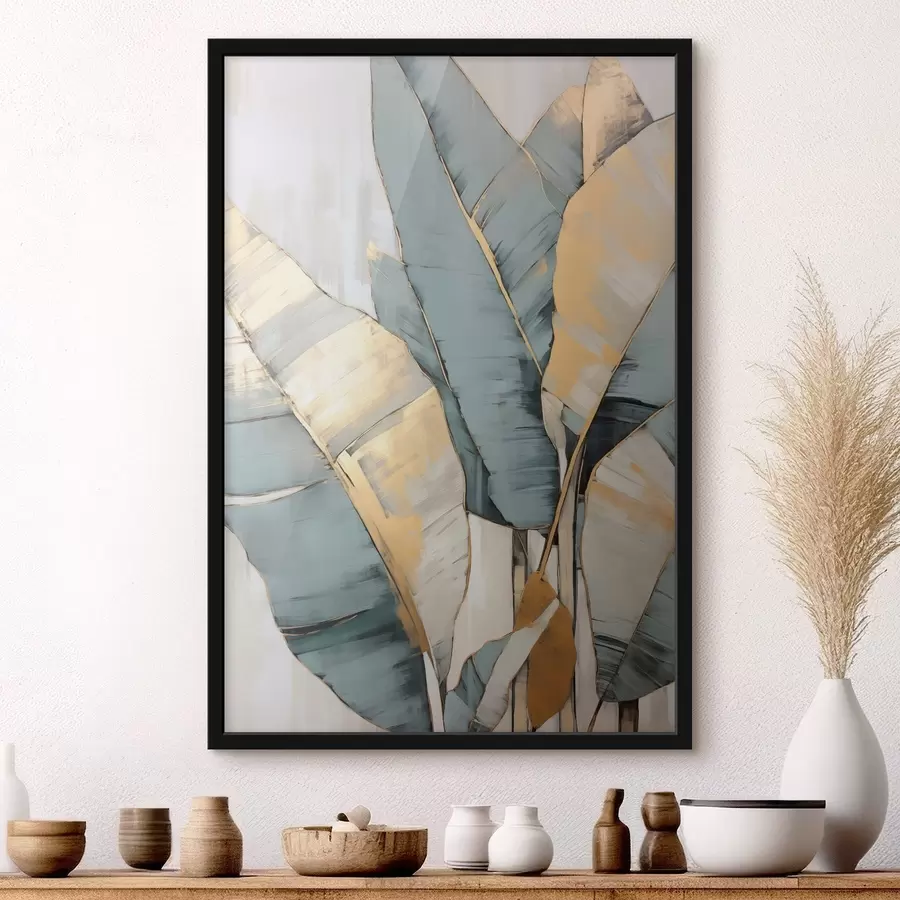 murales de pared Hojas de plátano azules, grises y amarillas con pinceladas visibles, sobre un fondo blanco abstracto f45552