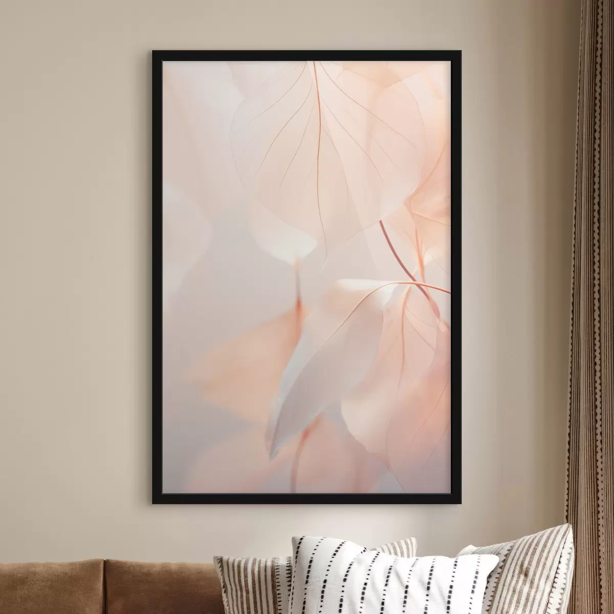 Poster Primer plano de hojas translúcidas con delicadas venas, suave paleta de colores melocotón y blanco, fondo difuminado f45556