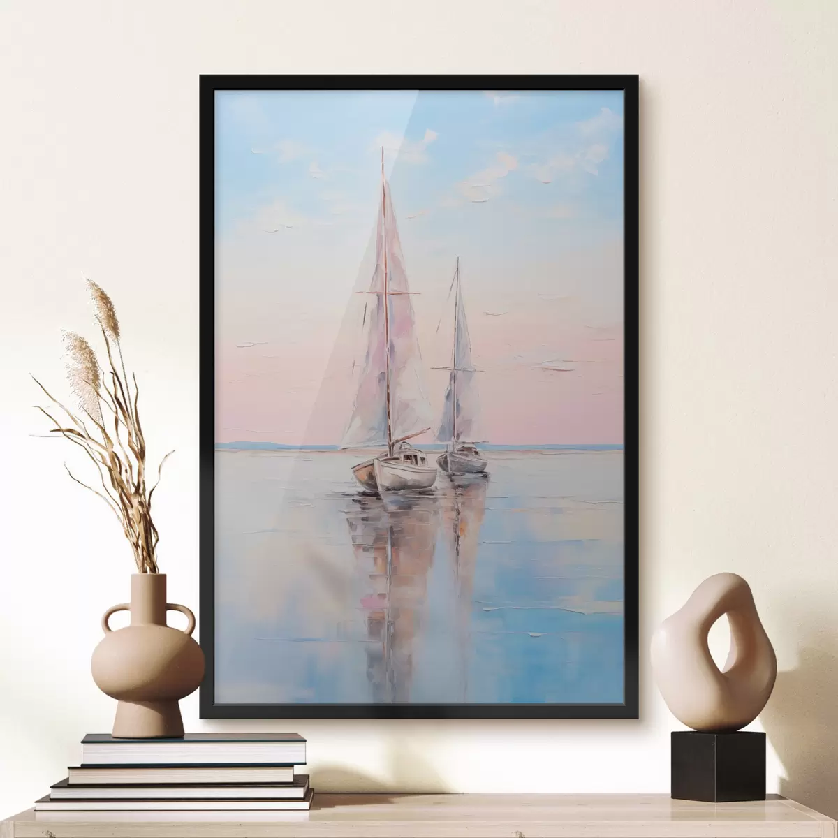 Poster Veleros con velas rosas flotando en un mar en calma, reflejos de los barcos en el agua, suaves colores pastel f45558