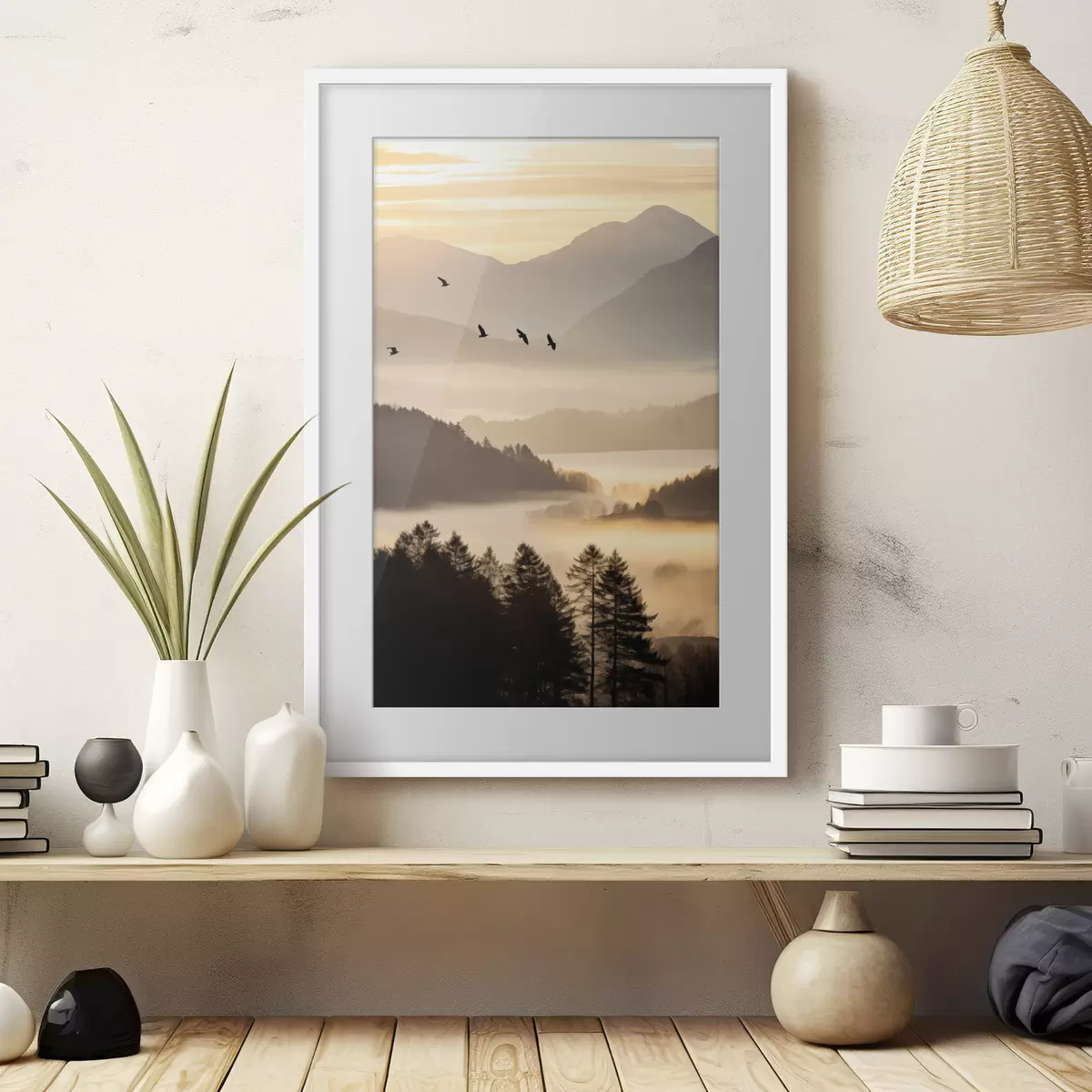 Poster Un paisaje montañoso con un bosque y pájaros volando en el cielo , todo cubierto por una espesa capa de niebla durante el amanecer f45564