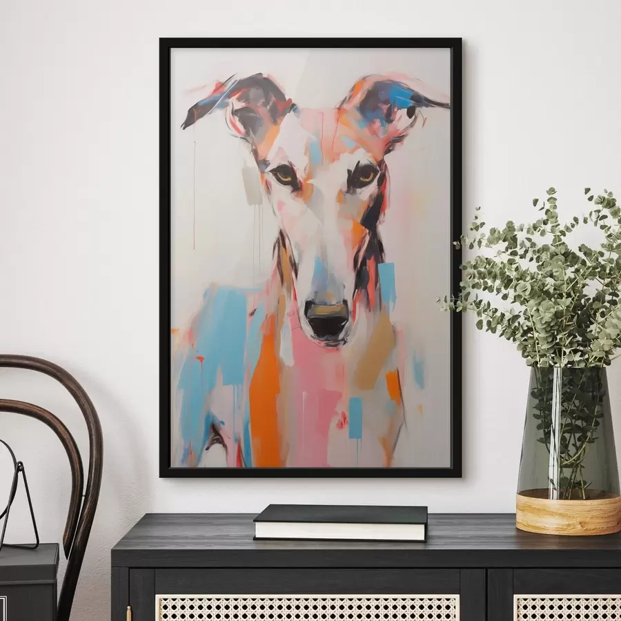 murales de pared Un perro galgo, pintado con colores vibrantes como el naranja, el rosa y el azul, sobre un fondo blanco liso f45565