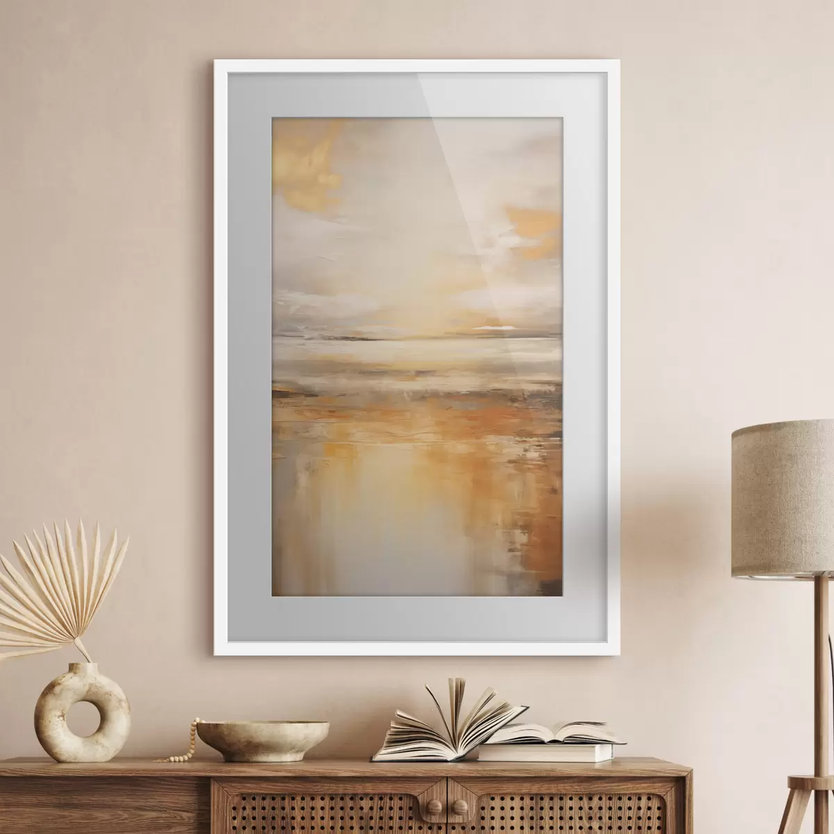 Poster Una pintura abstracta de un paisaje de playa con un océano tranquilo , arena naranja y un cielo nublado con sol f45567