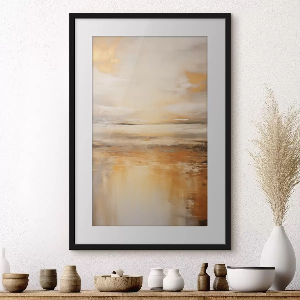 Poster Una pintura abstracta de un paisaje de playa con un océano tranquilo , arena naranja y un cielo nublado con sol f45567