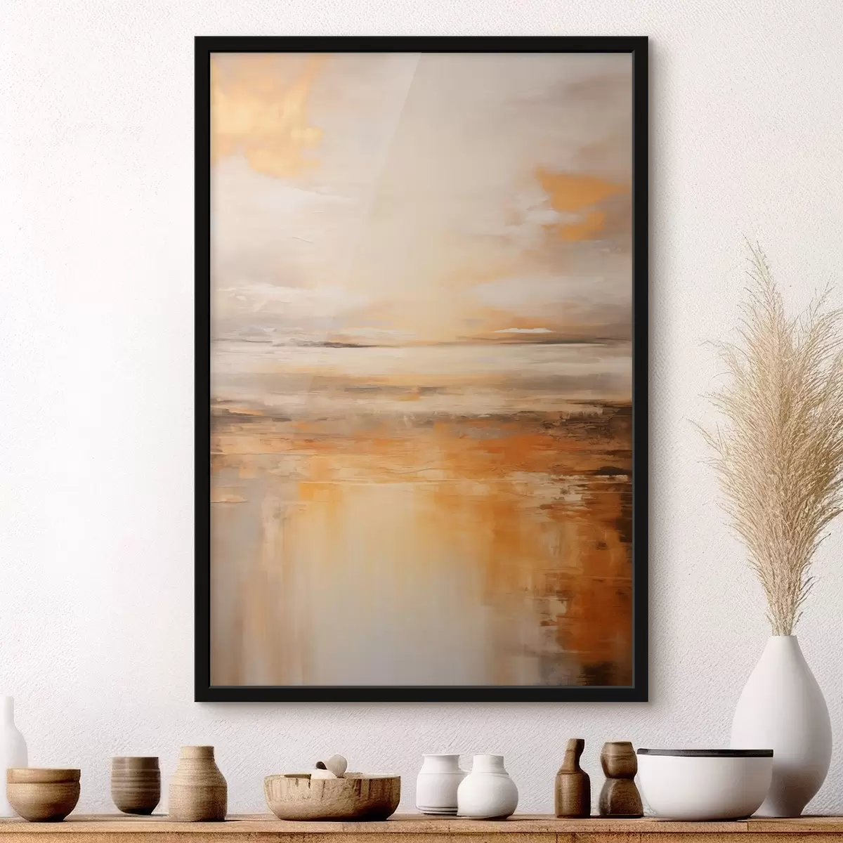 Poster Una pintura abstracta de un paisaje de playa con un océano tranquilo , arena naranja y un cielo nublado con sol f45567