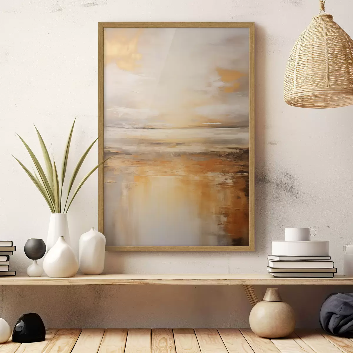 Poster Una pintura abstracta de un paisaje de playa con un océano tranquilo , arena naranja y un cielo nublado con sol f45567
