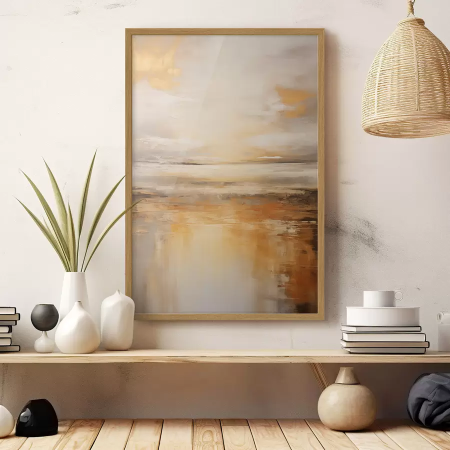 murales de pared Una pintura abstracta de un paisaje de playa con un océano tranquilo , arena naranja y un cielo nublado con sol f45567