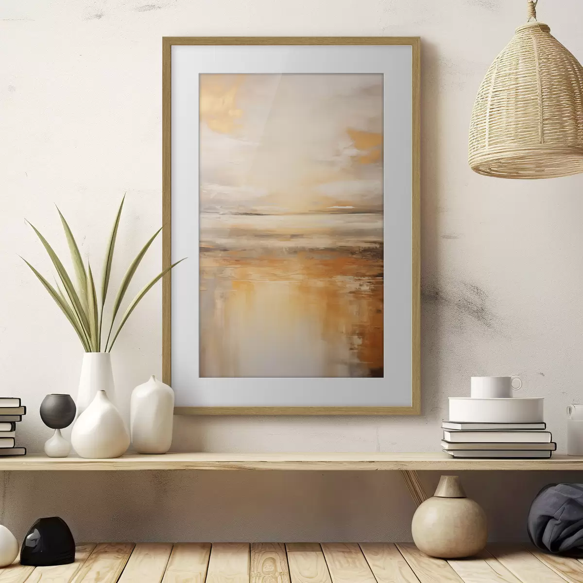 Poster Una pintura abstracta de un paisaje de playa con un océano tranquilo , arena naranja y un cielo nublado con sol f45567