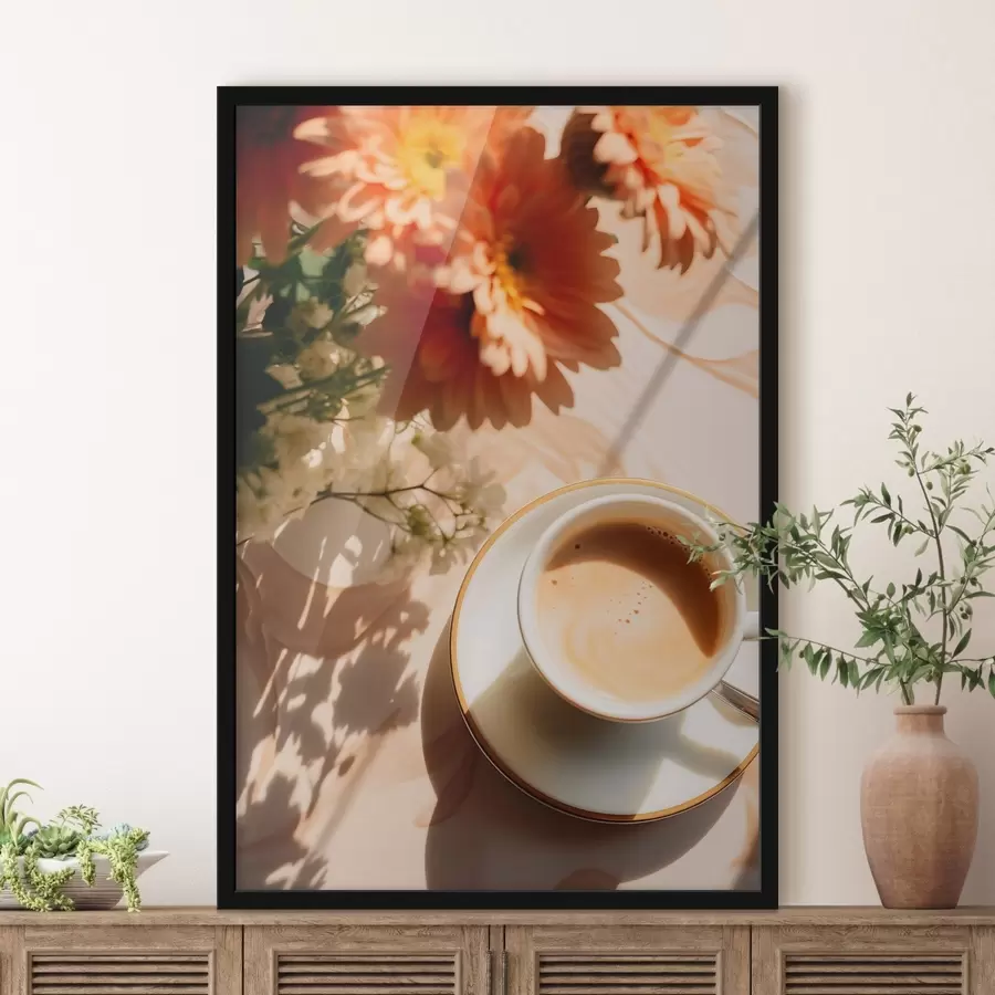murales de pared Una taza de café con espuma en un plato blanco, unas flores al fondo, con luz solar f45570