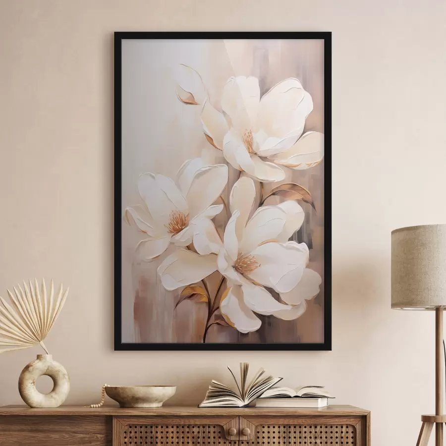 murales de pared Flores blancas de magnolia sobre un fondo suave y difuminado de tonos beige y marrones, elegante composición floral f45571