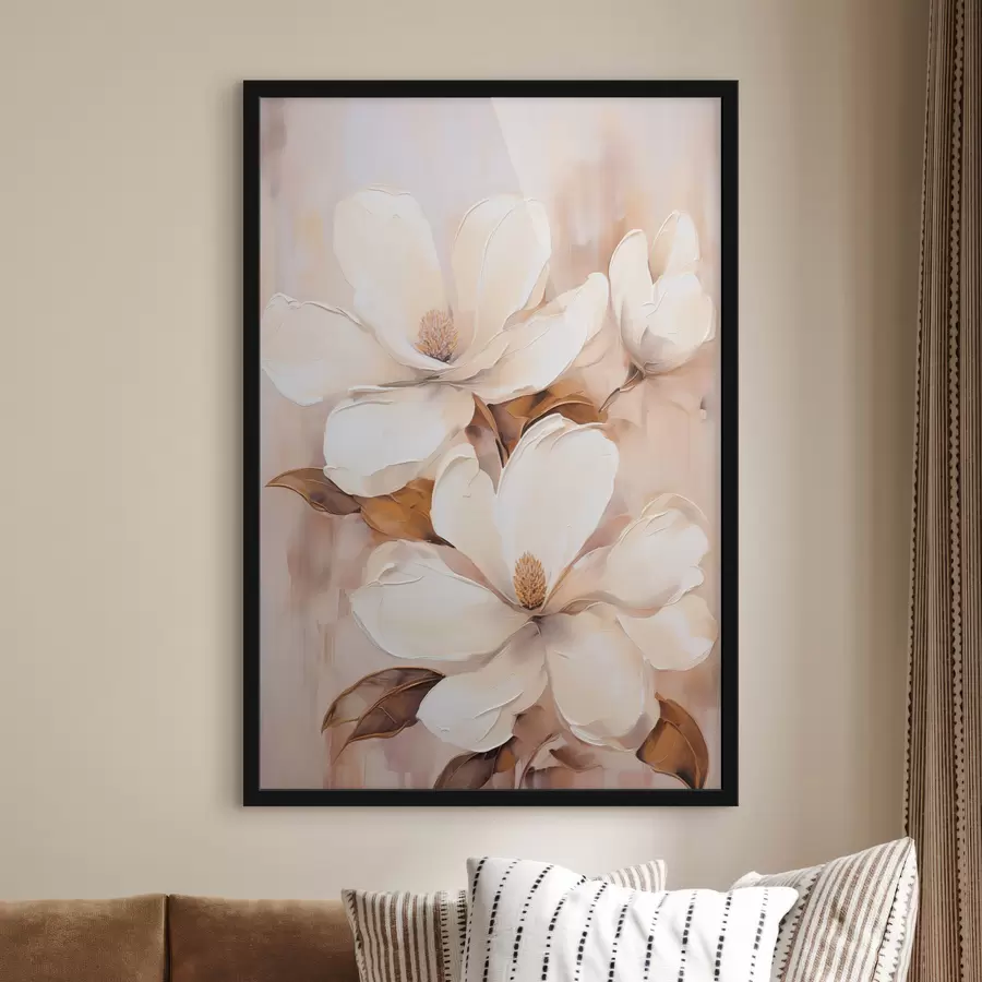 murales de pared Flores blancas de magnolia sobre un fondo suave y difuminado de tonos beige y marrones, estilo pintura f45572