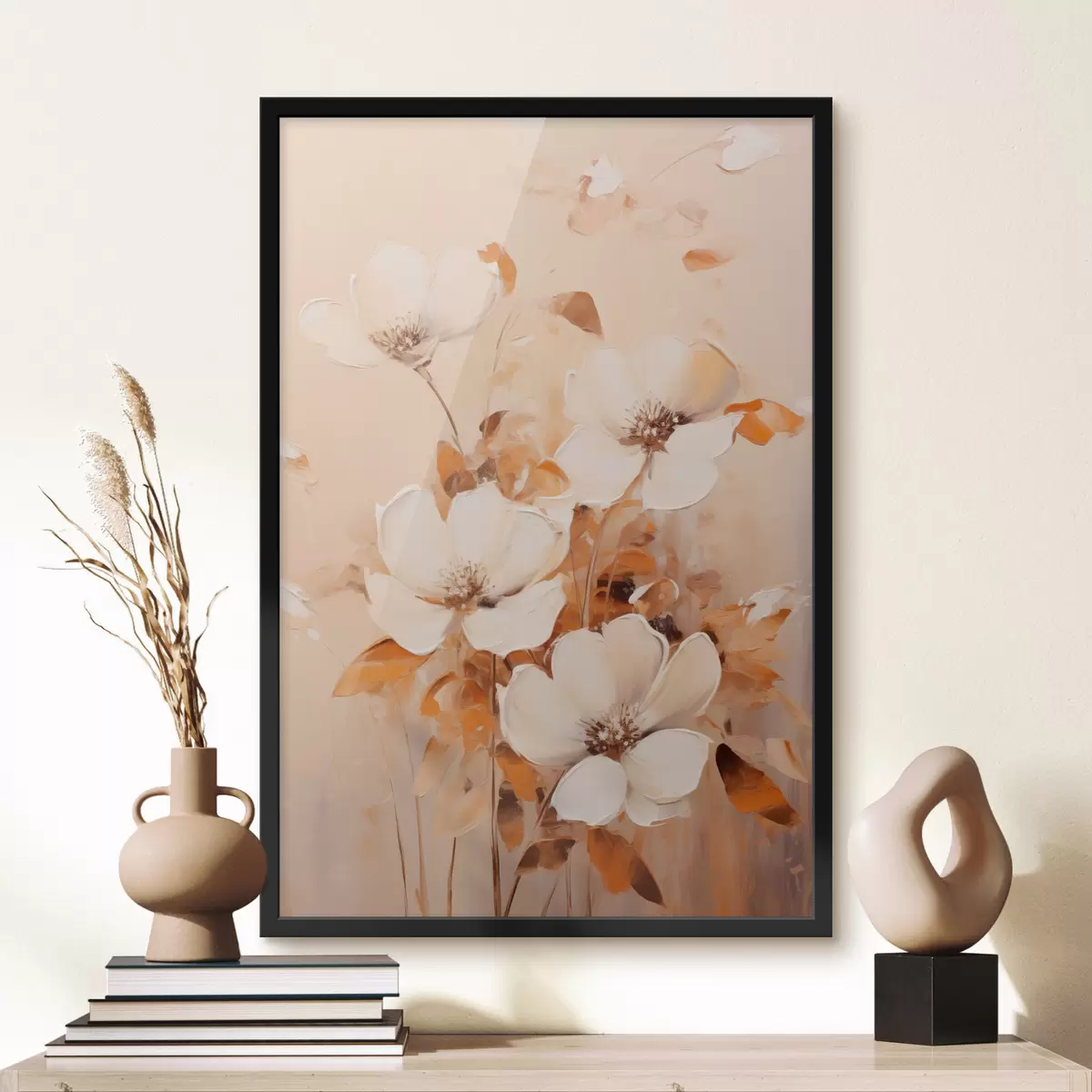 Poster Flores blancas con hojas naranjas, pinceladas delicadas, paleta de colores cálidos, composición elegante f45573