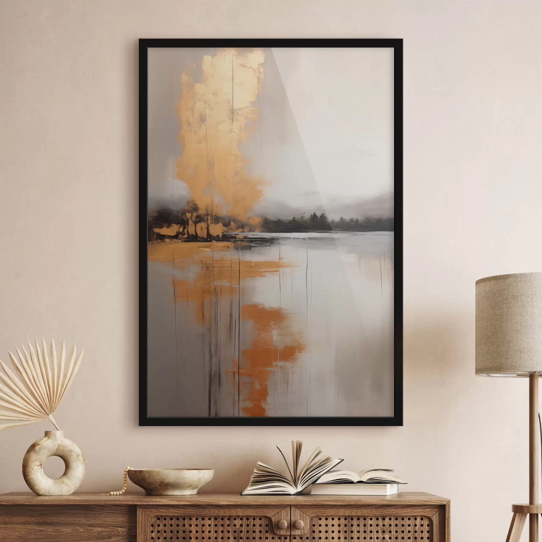 murales de pared Un paisaje abstracto con un lago, un árbol y niebla amarilla , el agua se refleja y el cielo nublado f45575