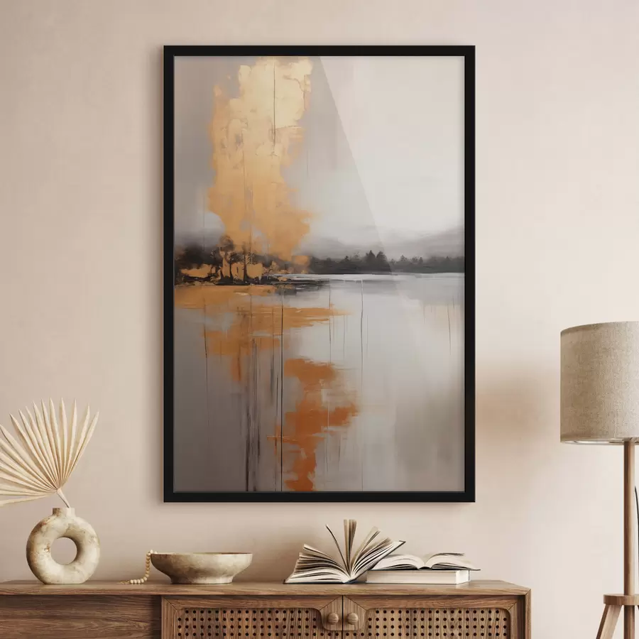 murales de pared Un paisaje abstracto con un lago, un árbol y niebla amarilla , el agua se refleja y el cielo nublado f45575