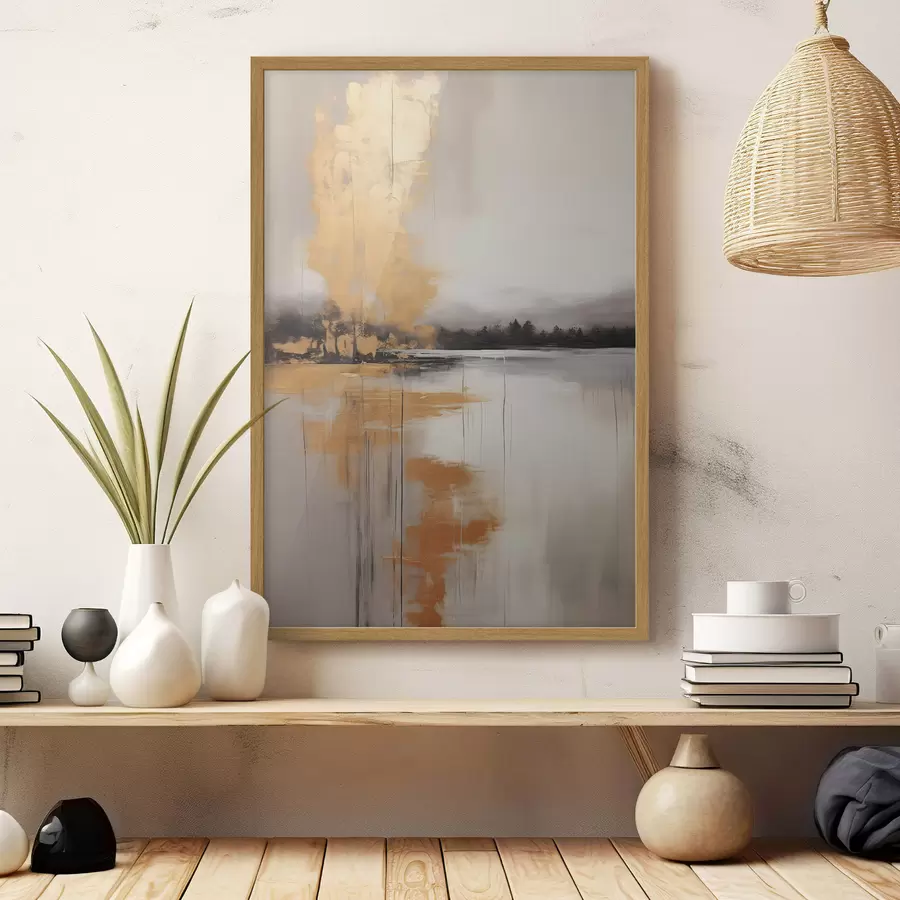 murales de pared Un paisaje abstracto con un lago, un árbol y niebla amarilla , el agua se refleja y el cielo nublado f45575
