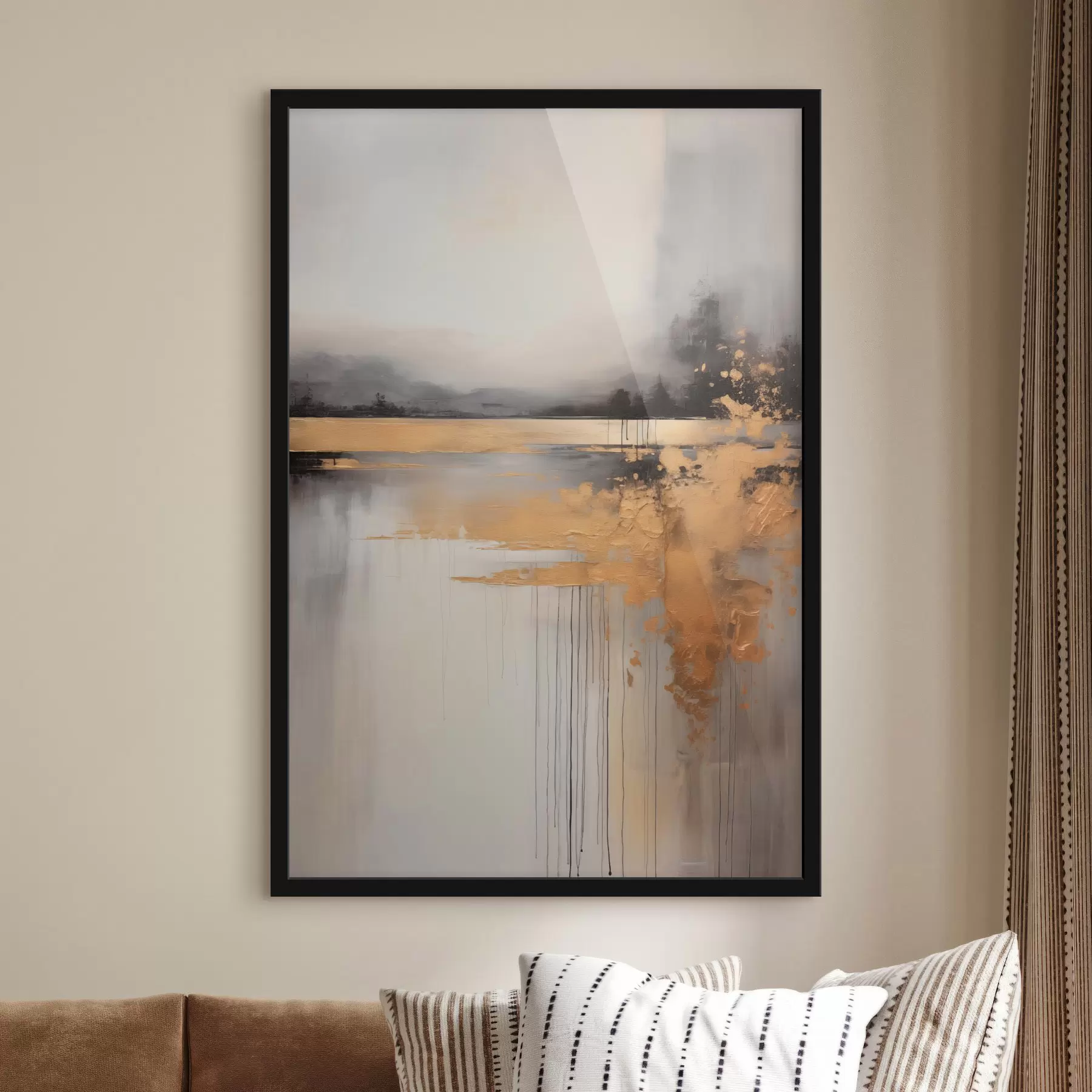 murales de pared Paisaje abstracto texturizado con un río y árboles oscuros de fondo, el cielo está nublado f45576