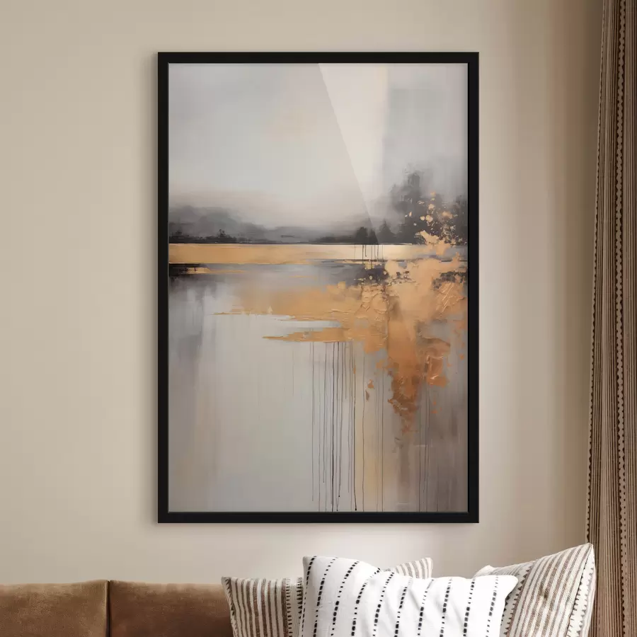 murales de pared Paisaje abstracto texturizado con un río y árboles oscuros de fondo, el cielo está nublado f45576