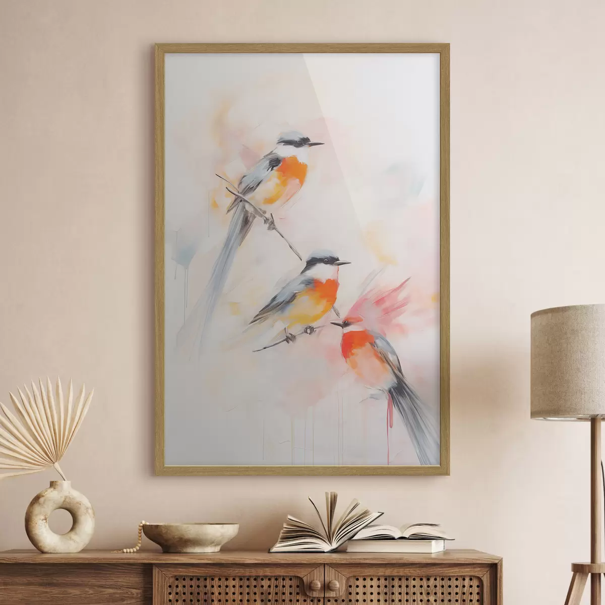 Poster Pájaros posados en ramas , suaves colores pastel, fondo claro con tonos rosas y blancos f45577
