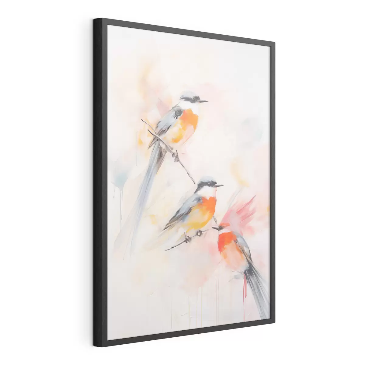 Poster Pájaros posados en ramas , suaves colores pastel, fondo claro con tonos rosas y blancos f45577