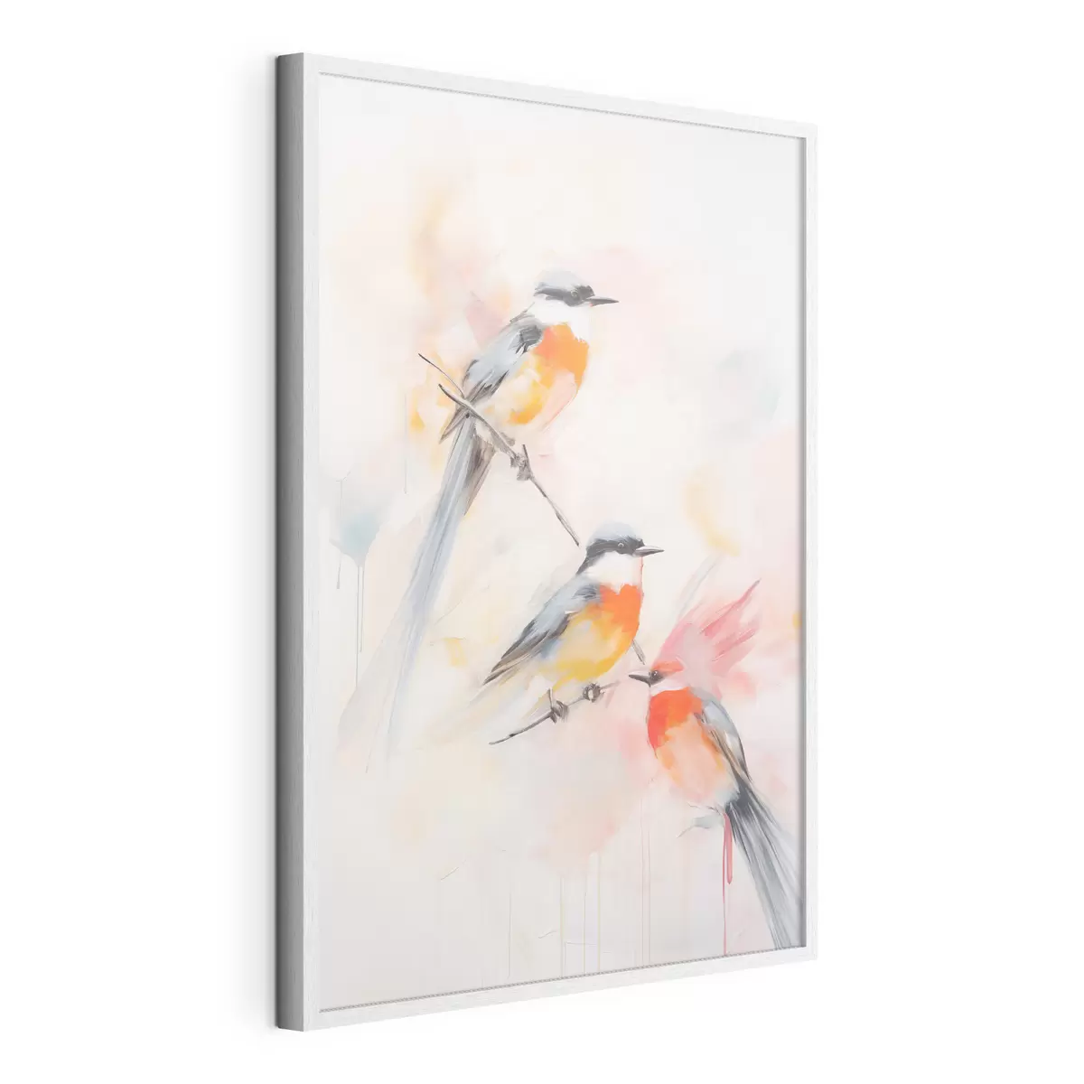 Poster Pájaros posados en ramas , suaves colores pastel, fondo claro con tonos rosas y blancos f45577