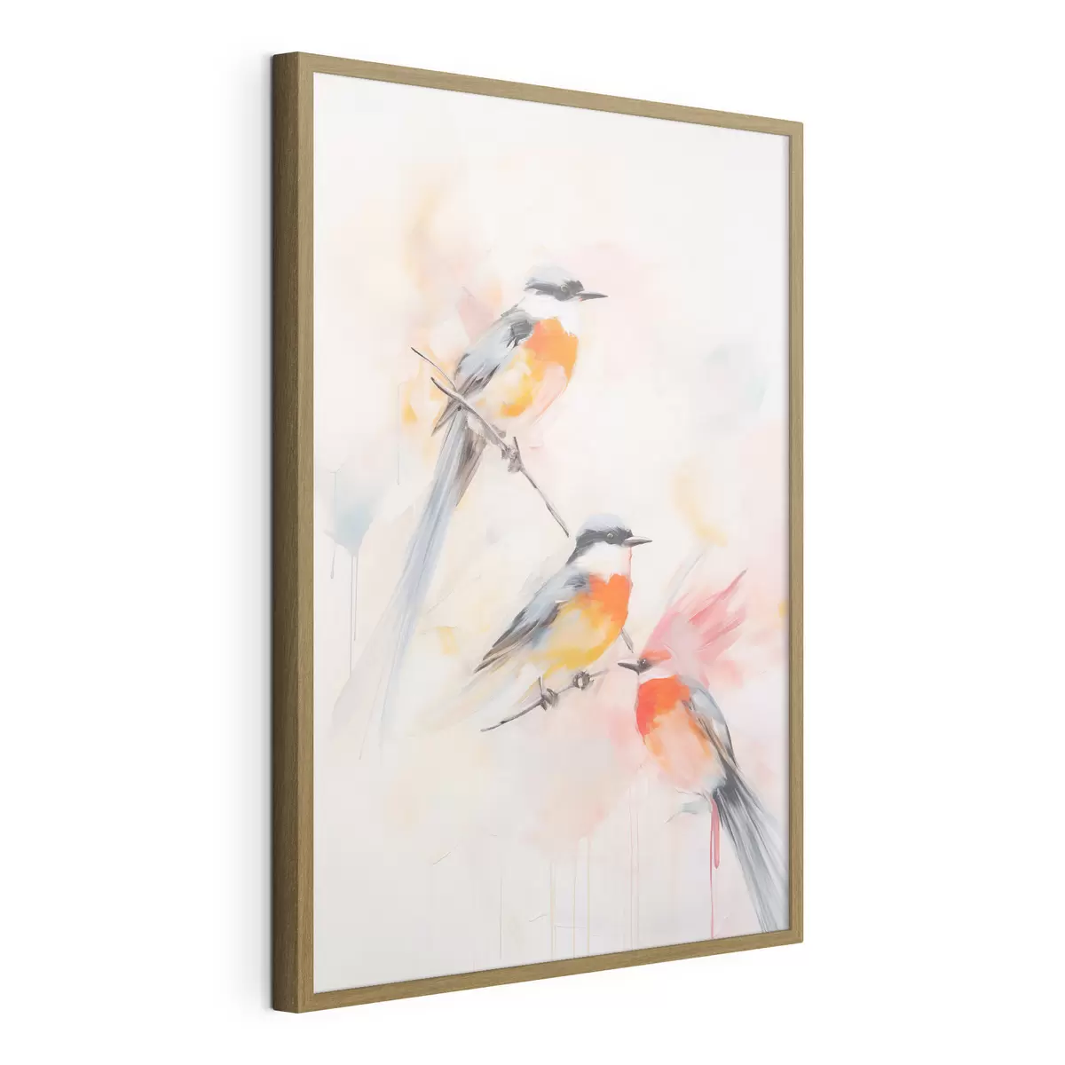 Poster Pájaros posados en ramas , suaves colores pastel, fondo claro con tonos rosas y blancos f45577
