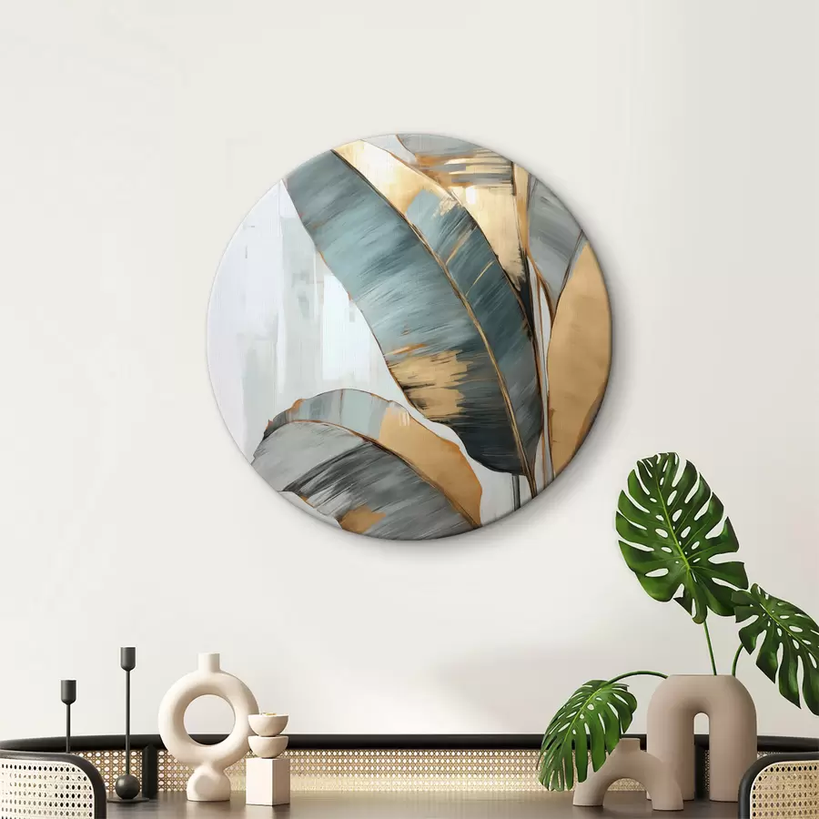 murales de pared Conjunto de hojas de plátano azules, grises y amarillas con pinceladas visibles, sobre un fondo blanco abstracto r45551