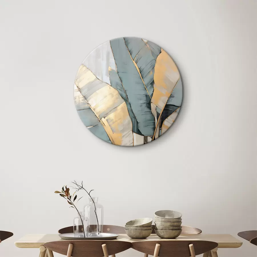 murales de pared Hojas de plátano azules, grises y amarillas con pinceladas visibles, sobre un fondo blanco abstracto r45552