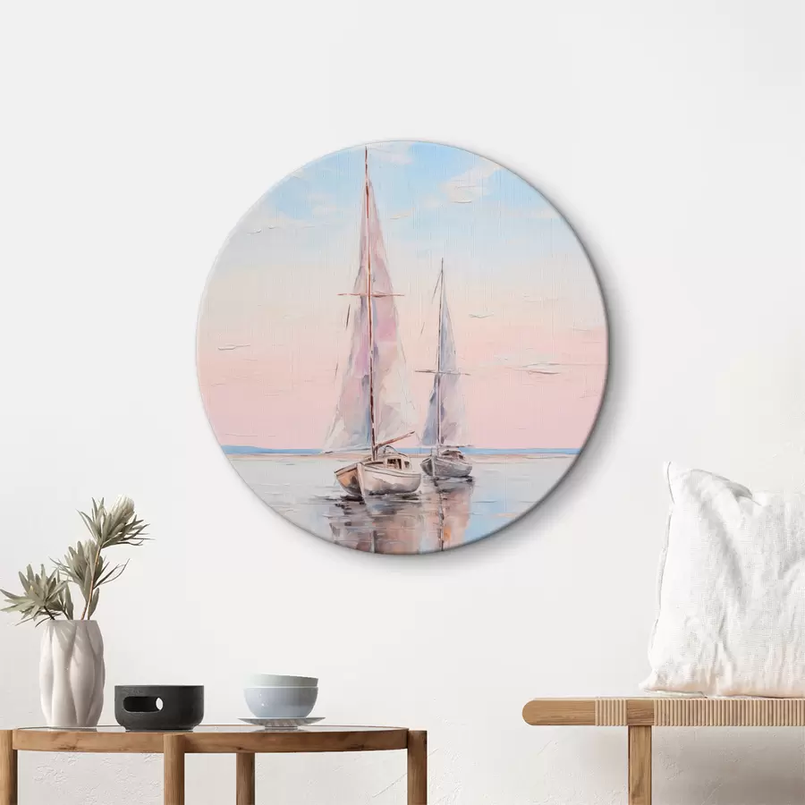 murales de pared Veleros con velas rosas flotando en un mar en calma, reflejos de los barcos en el agua, suaves colores pastel r45558