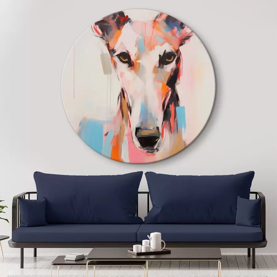 murales de pared Un perro galgo, pintado con colores vibrantes como el naranja, el rosa y el azul, sobre un fondo blanco liso r45565