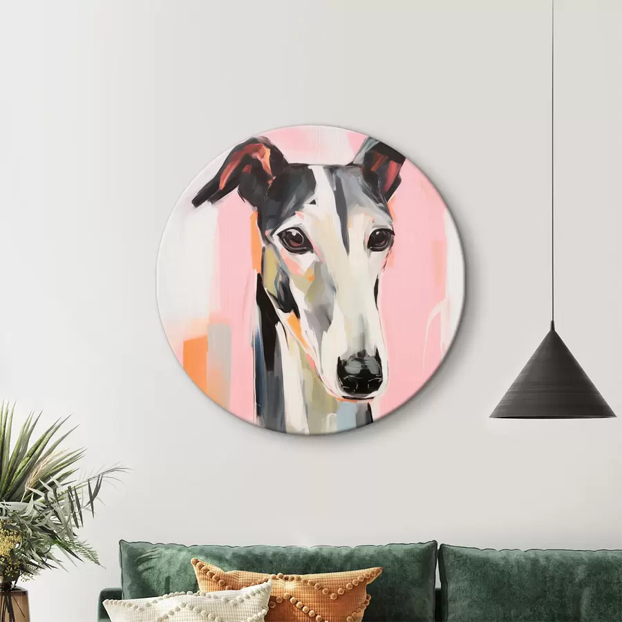 murales de pared Un galgo sobre un fondo de pinceladas rosas, naranjas y blancas r45566