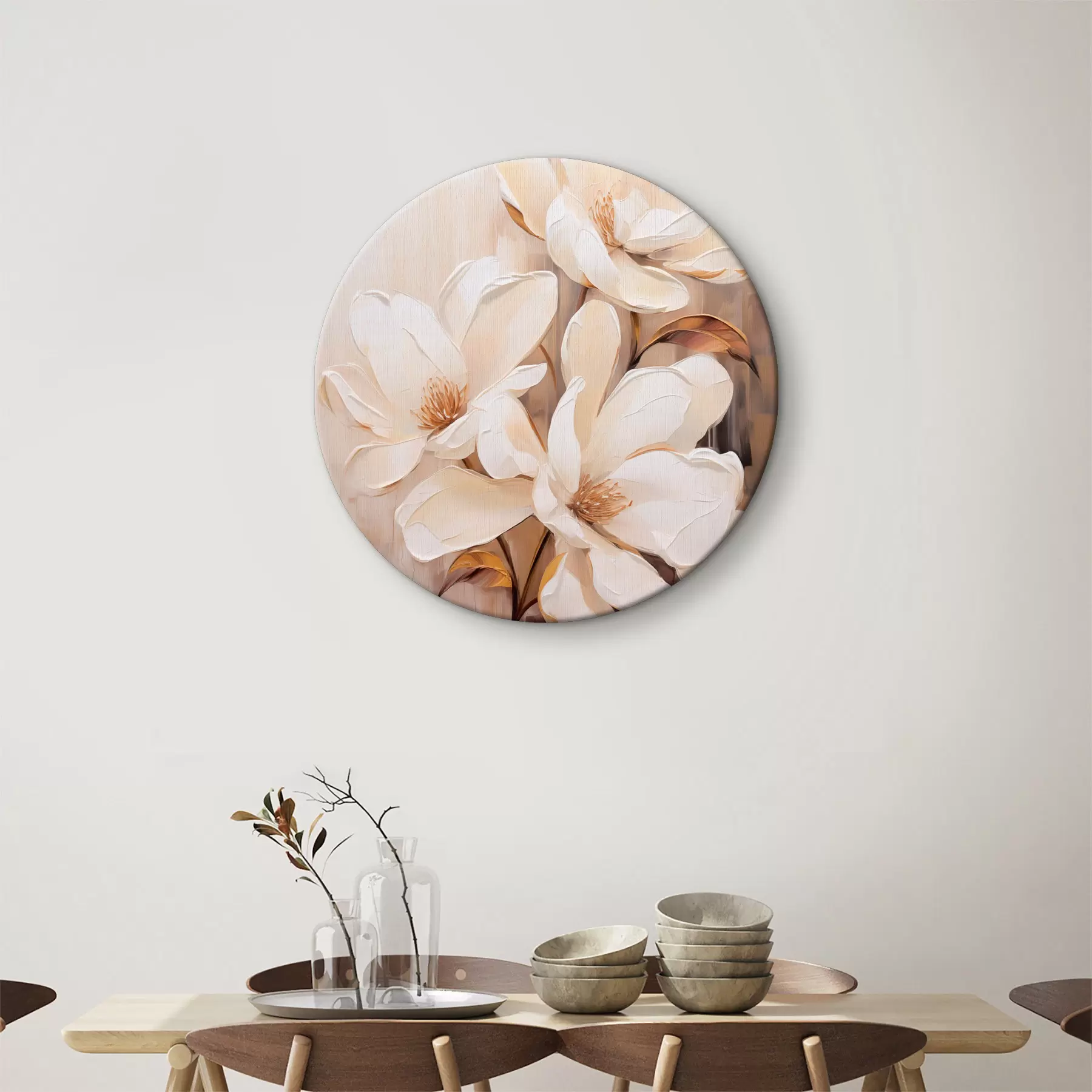 murales de pared Flores blancas de magnolia sobre un fondo suave y difuminado de tonos beige y marrones, elegante composición floral r45571