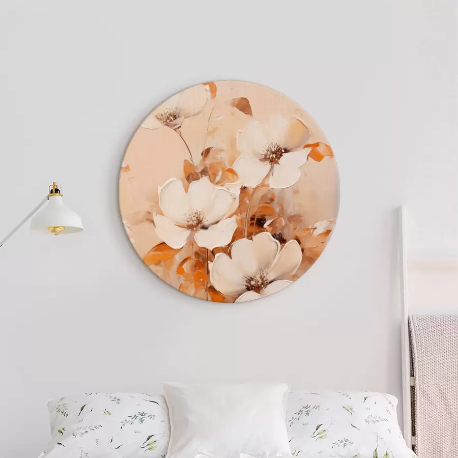 murales de pared Flores blancas con hojas naranjas, pinceladas delicadas, paleta de colores cálidos, composición elegante r45573