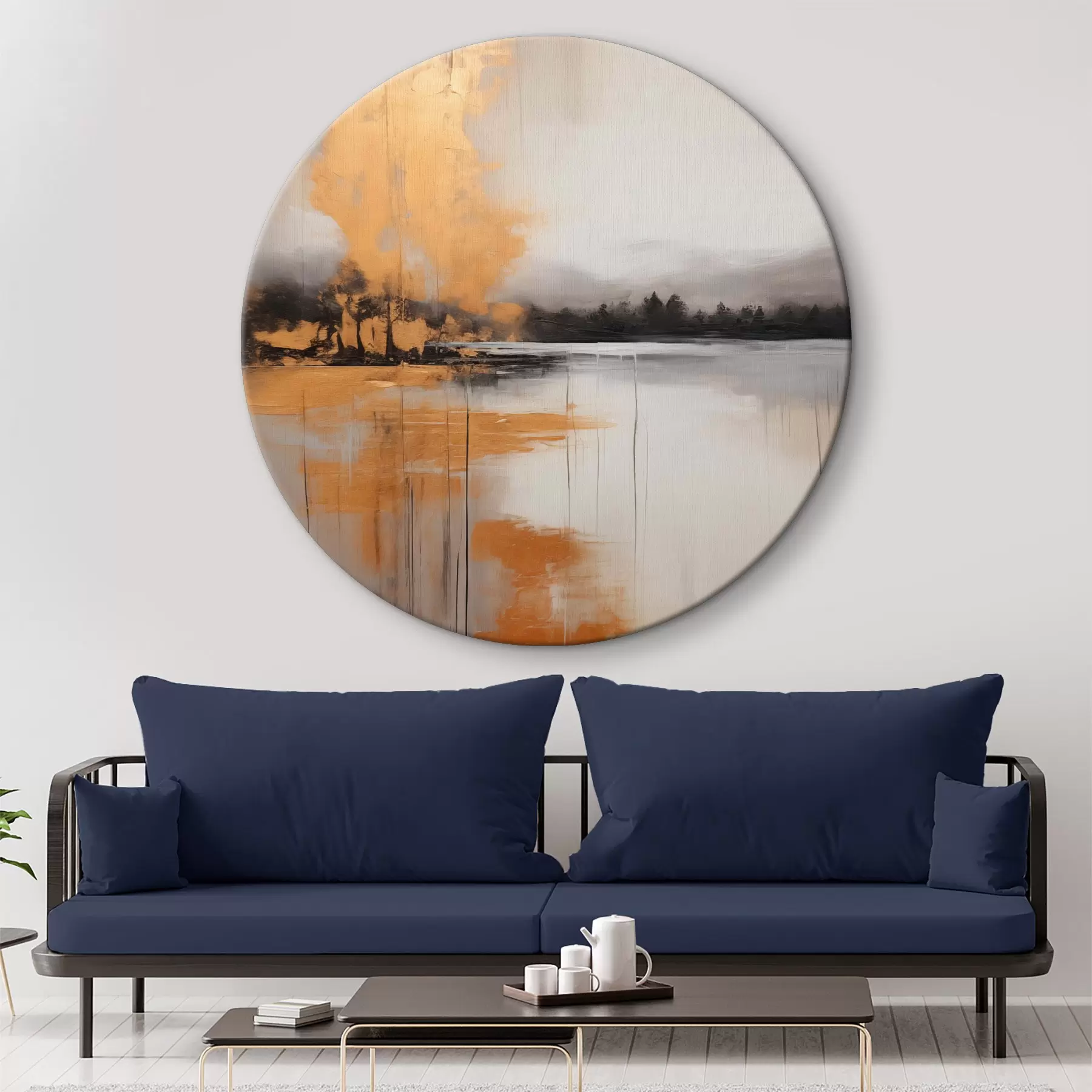 murales de pared Un paisaje abstracto con un lago, un árbol y niebla amarilla , el agua se refleja y el cielo nublado r45575