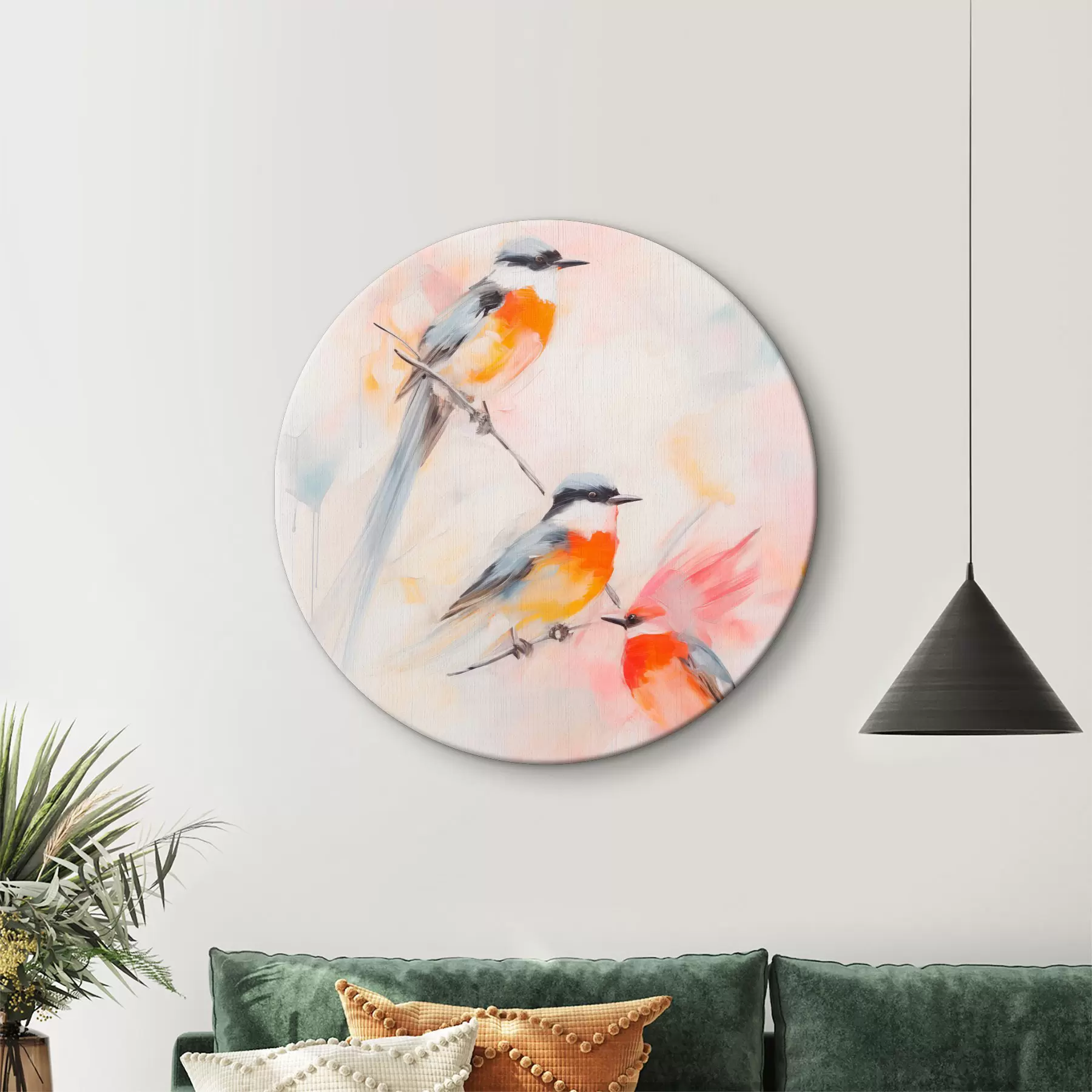 murales de pared Pájaros posados en ramas , suaves colores pastel, fondo claro con tonos rosas y blancos r45577